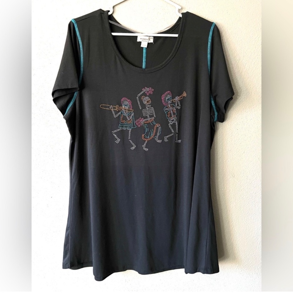 One World Rhinestone Indie Whimsigoth Skeleton Band Short‎ Sleeve Black Top XXL